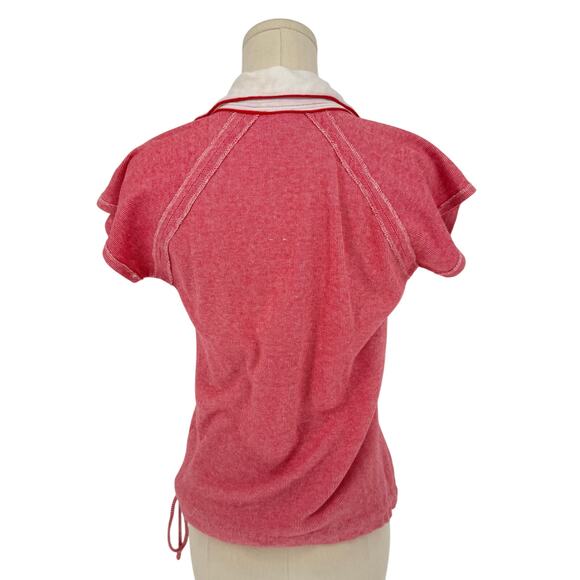 Vintage 1970sRed White Micro Stripe Collared Lido Shirt, Drawstring Crop Size L - Picture 4 of 6